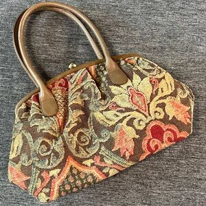 VTG Talbots Brown/Gold Floral Tapestry Purse/ Bag with Leather Handle & Trim